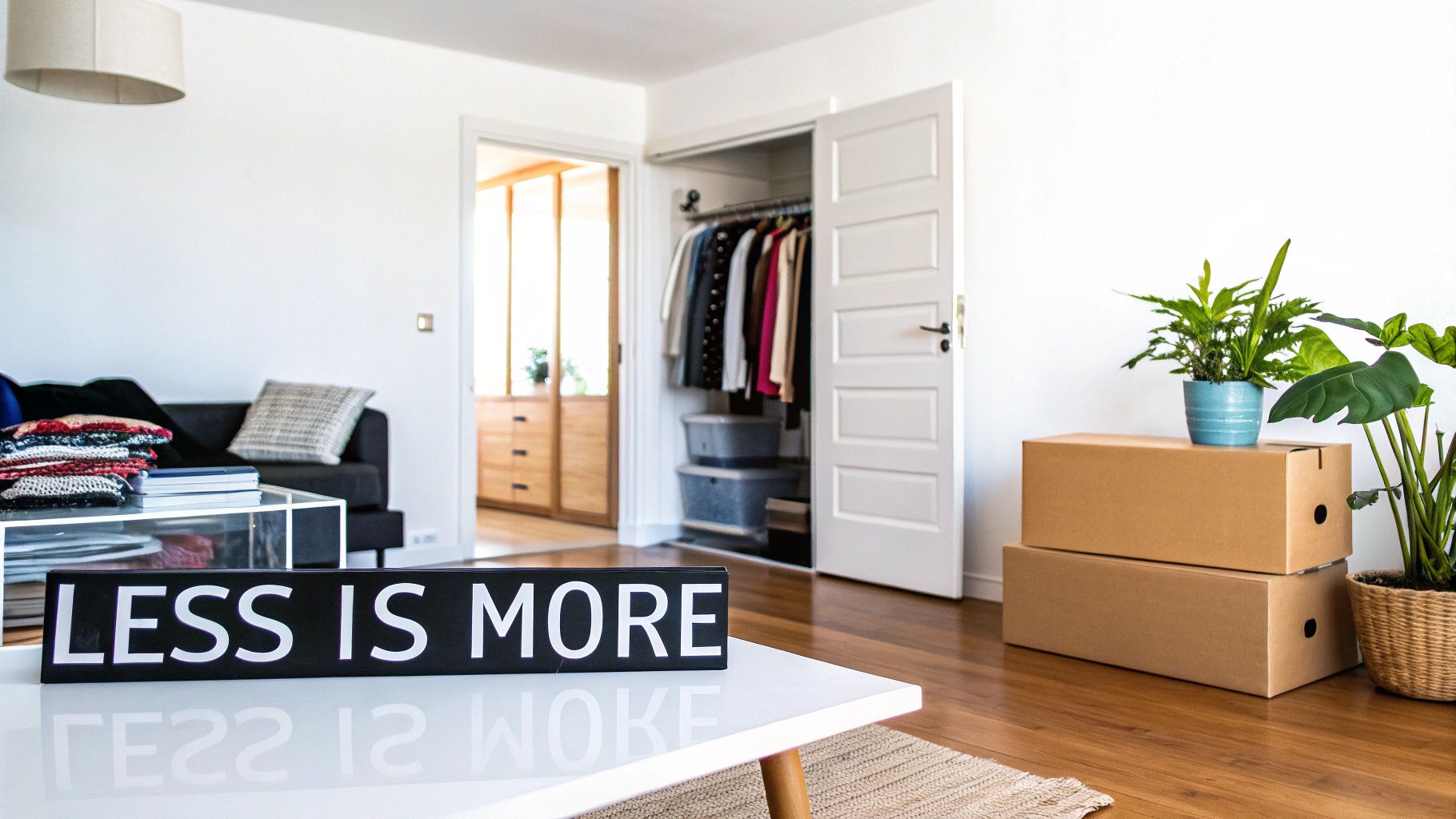 A minimalist living room with a 'LESS IS MORE' sign, sofa, plants, and moving boxes.