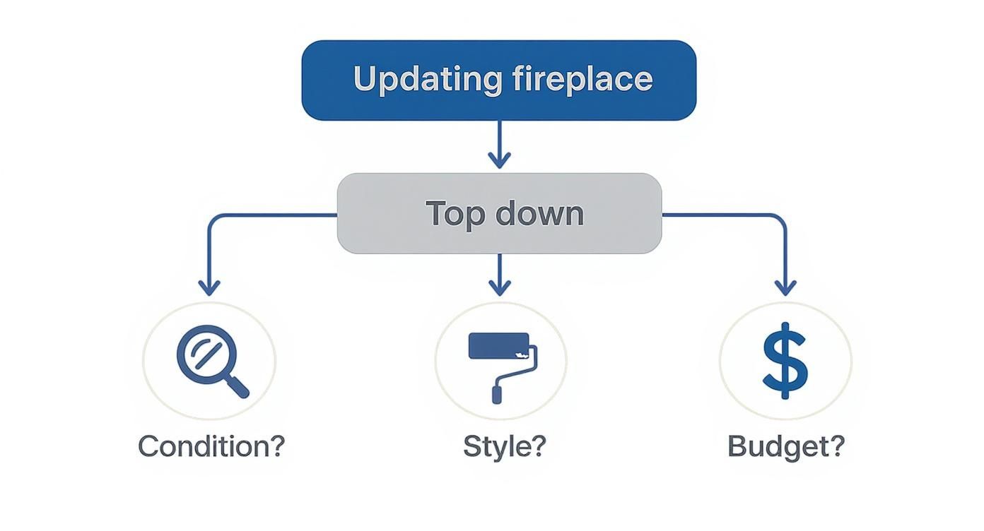 A flowchart detailing the 'Updating fireplace' process, considering condition, style, and budget.