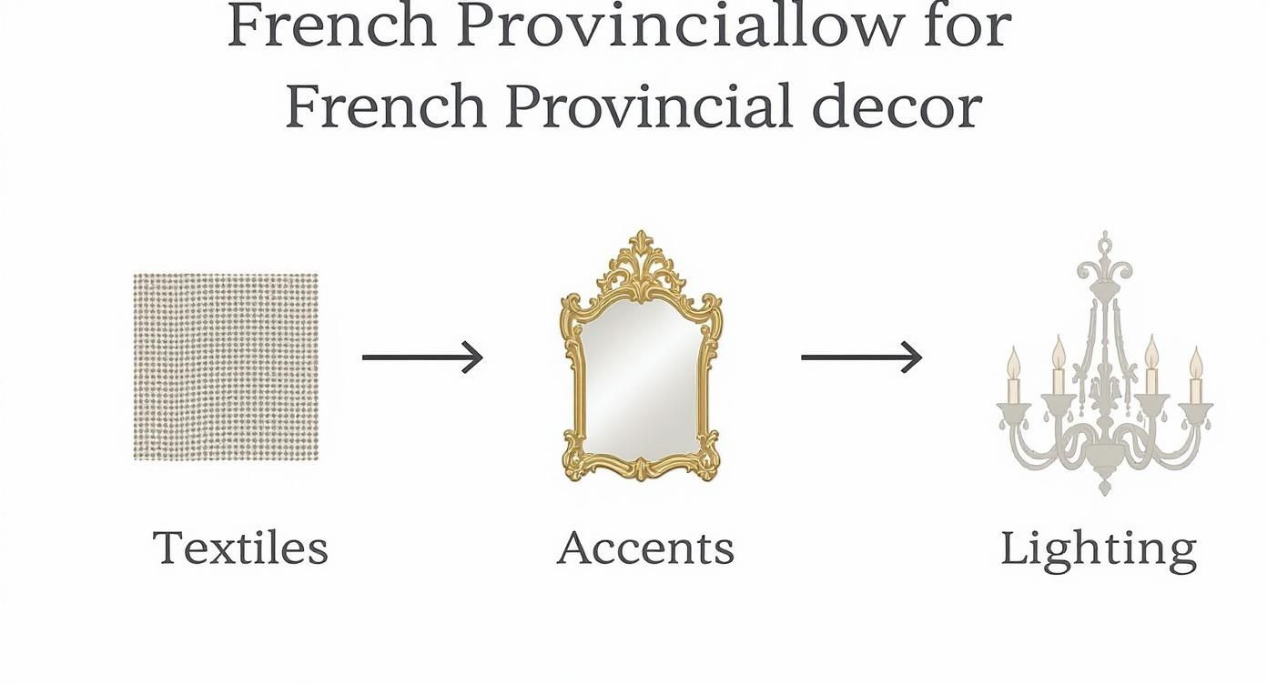 French Provincial decor elements: patterned textile swatch, ornate gold mirror, and elegant chandelier.