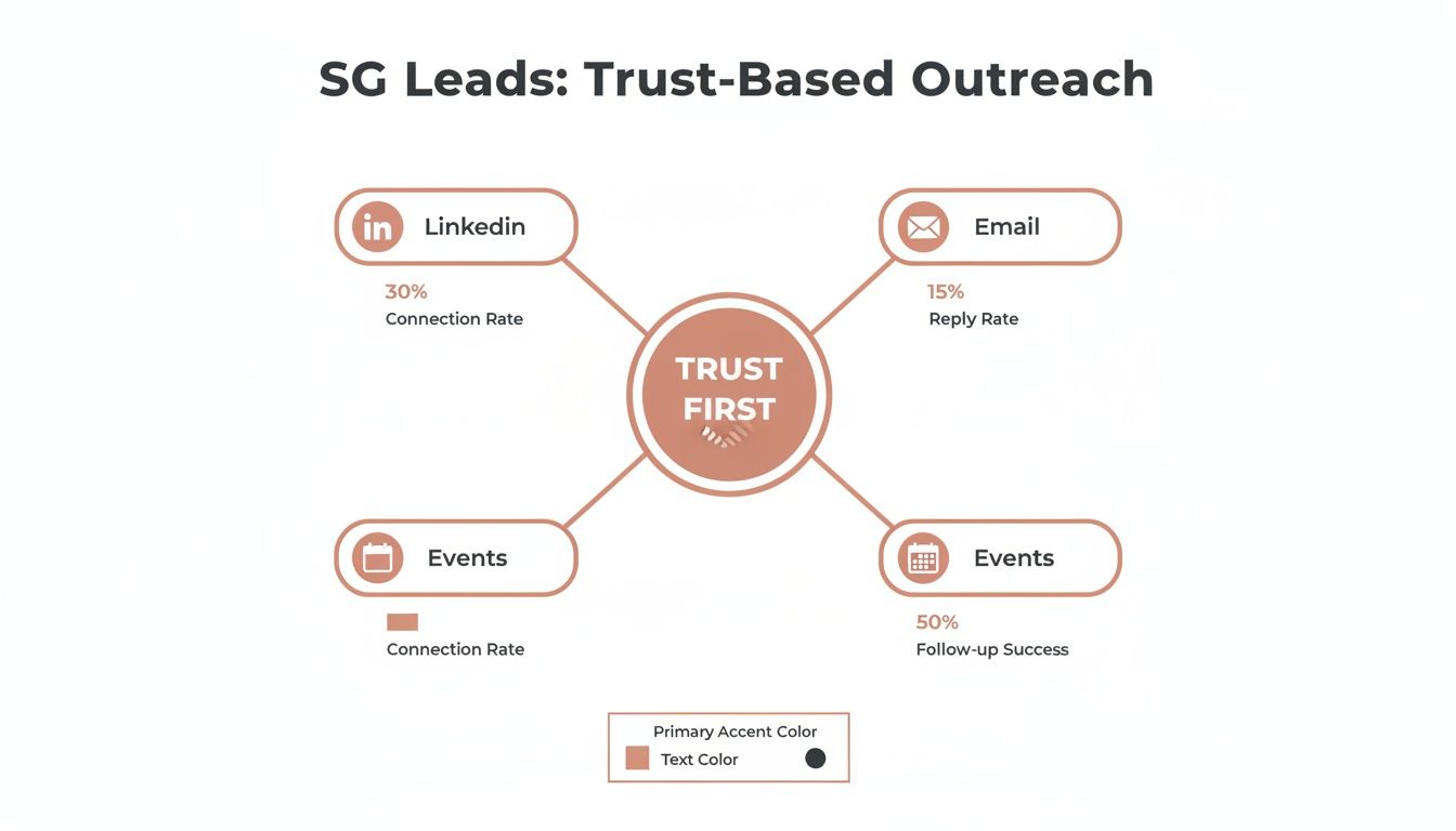 Diagram showing trust-based outreach methods: LinkedIn, Email, and Events.