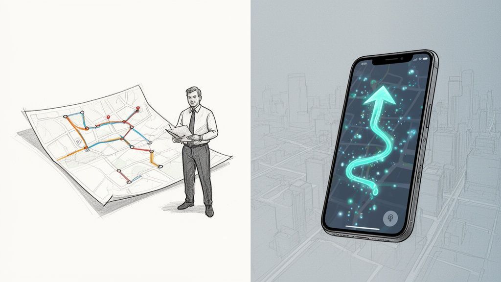 A man with a paper map and a smartphone displaying a glowing AI-powered route in a city.