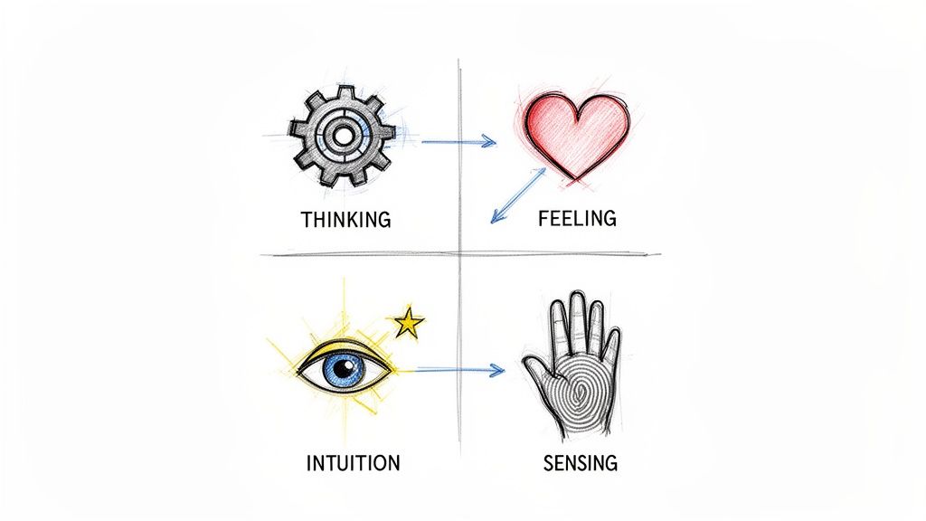 Diagram showing four cognitive functions: Thinking, Feeling, Intuition, Sensing.