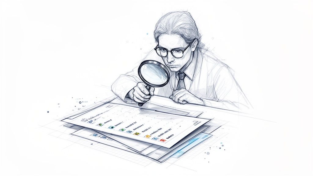 Sketch of a focused person with glasses using a magnifying glass to examine documents and data.