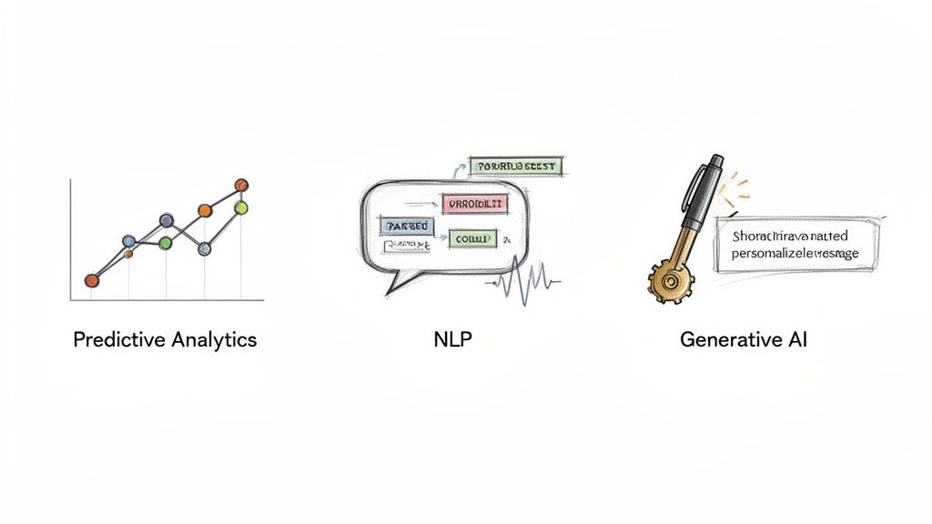 Illustrations of Predictive Analytics, NLP, and Generative AI concepts.