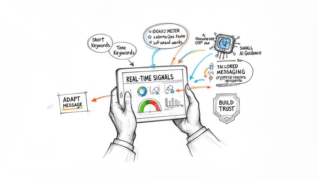 Hands hold a tablet displaying real-time signals, guiding AI adaptation of messages to build trust.