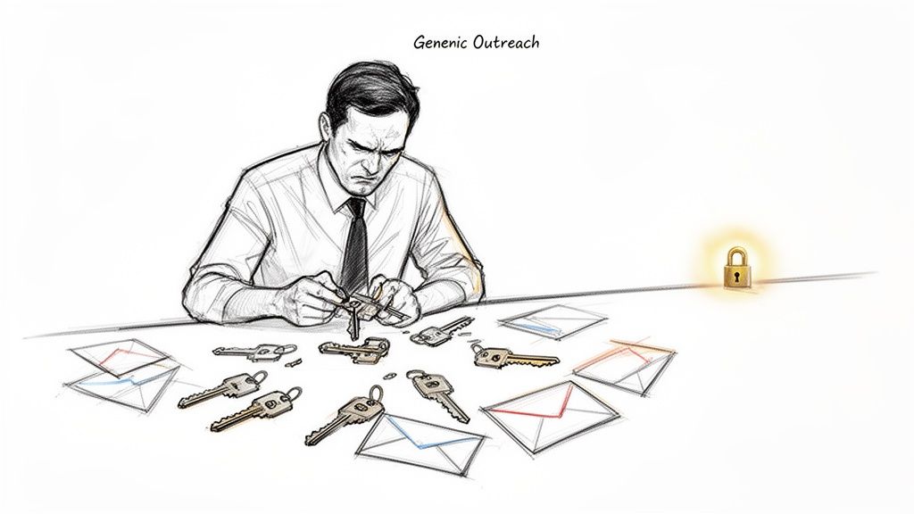 A person tries multiple keys on a glowing lock, showing the inefficiency of generic outreach.