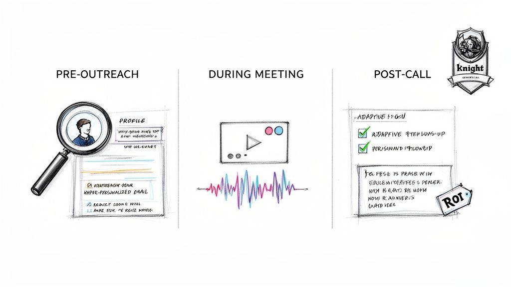 A three-step sales workflow: pre-outreach, during meeting, and post-call.