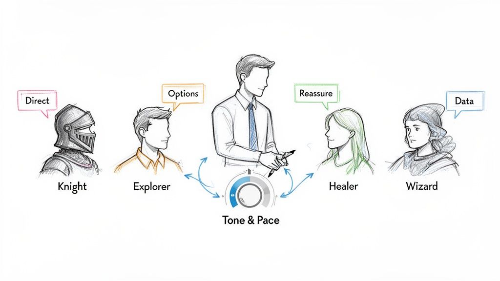 Diagram showing communication styles for different personality archetypes: Knight (Direct), Explorer (Options), Healer (Reassure), Wizard (Data).