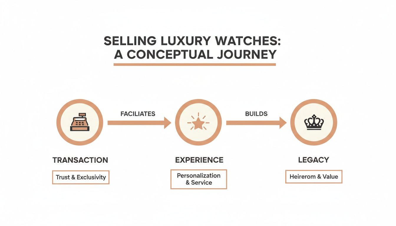 A diagram showing the sales journey for high-end watches, moving from Transaction, to Experience, to Legacy.