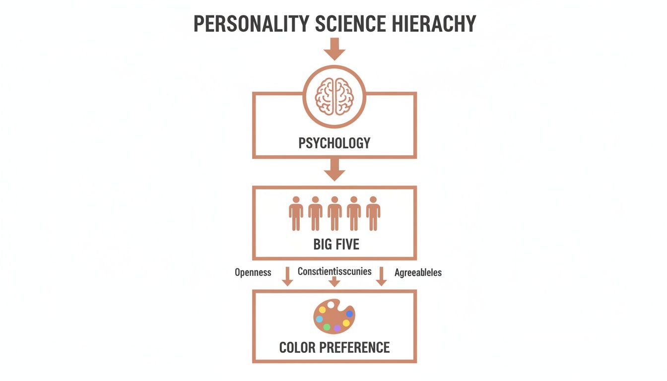 Diagram showing psychology, the Big Five traits, and color preference.