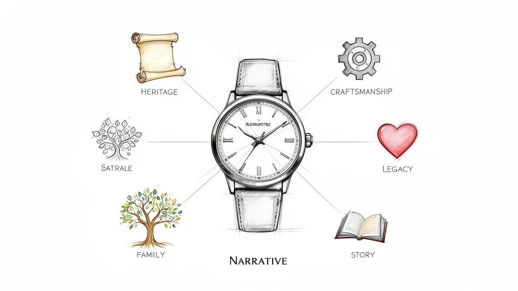 An illustration of a watch narrative, with a wristwatch surrounded by icons for heritage, craftsmanship, legacy, and story.