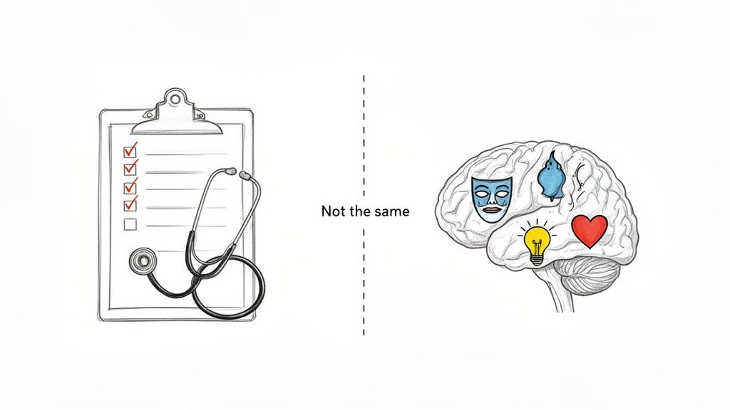 Checklist and stethoscope next to a brain showing cognitive functions.