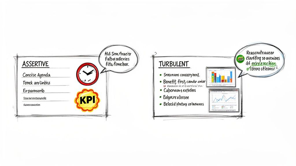 Two contrasting diagrams show 'Assertive' with a clock and KPI, and 'Turbulent' with data charts.