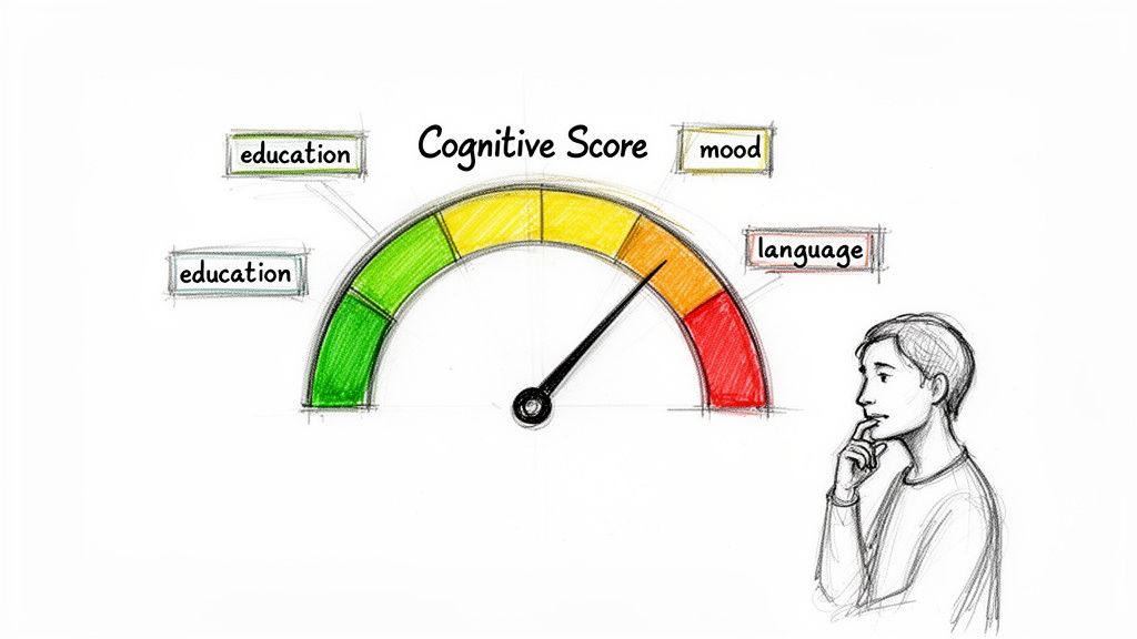 Illustration of a cognitive score gauge with a needle in the orange zone, influenced by education, mood, and language.