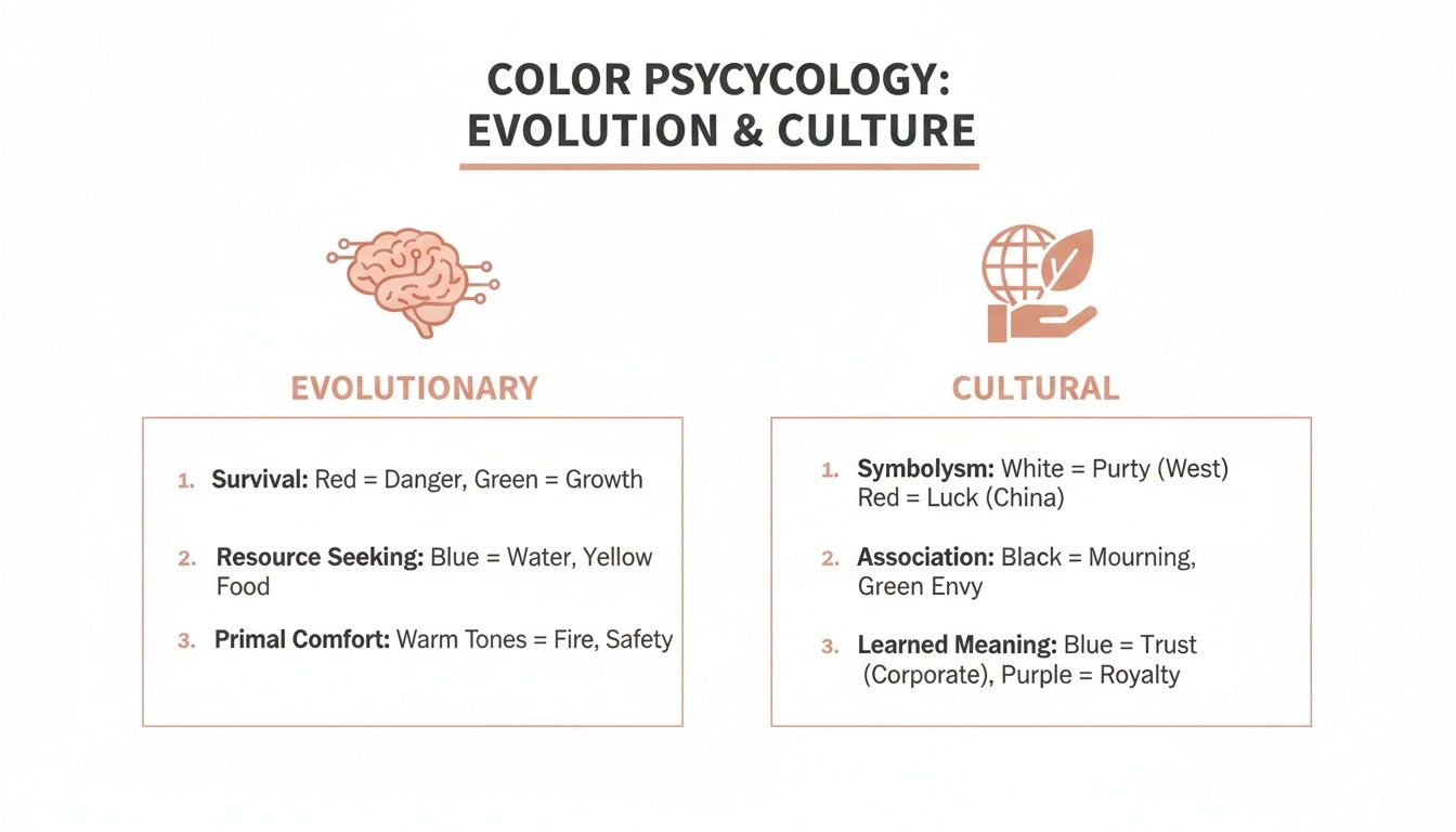 Diagram explaining color psychology based on evolutionary survival and cultural symbolism of colors.
