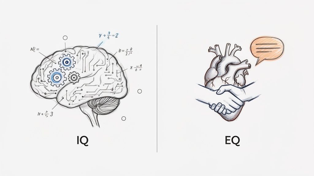 An illustration showing IQ represented by a brain with gears, and EQ represented by a heart with a handshake.