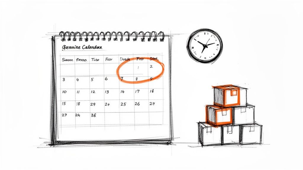 Icons of a calendar, clock, and boxes illustrating a time-sensitive offer.