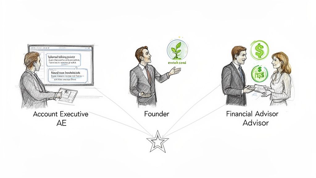 An Account Executive, Founder, and Financial Advisor work together around a central point.