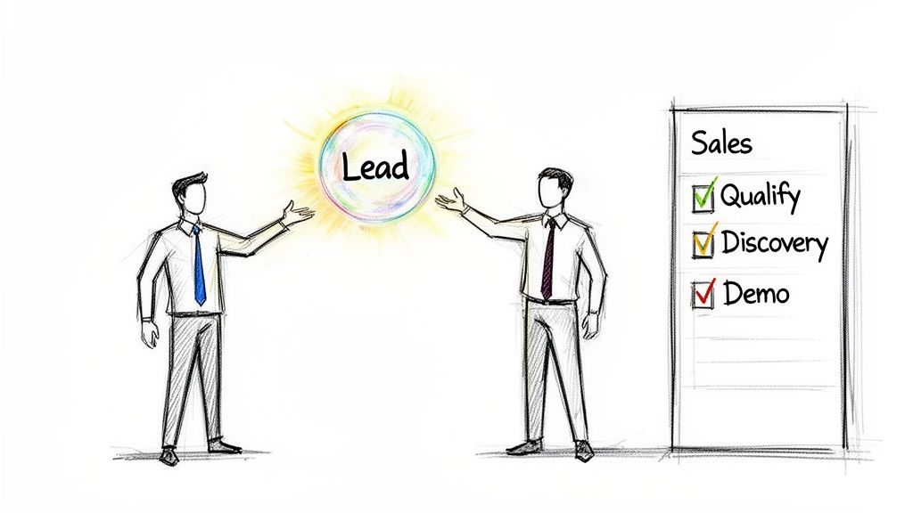 Businessmen managing a lead and a sales checklist with qualify, discovery, and demo stages.