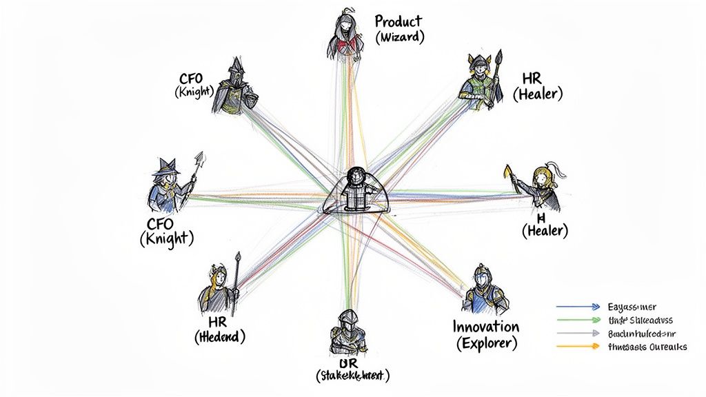 Diagram showing various organizational roles connected to a central figure.