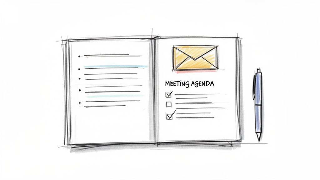 A sketch of a meeting agenda in a notebook.