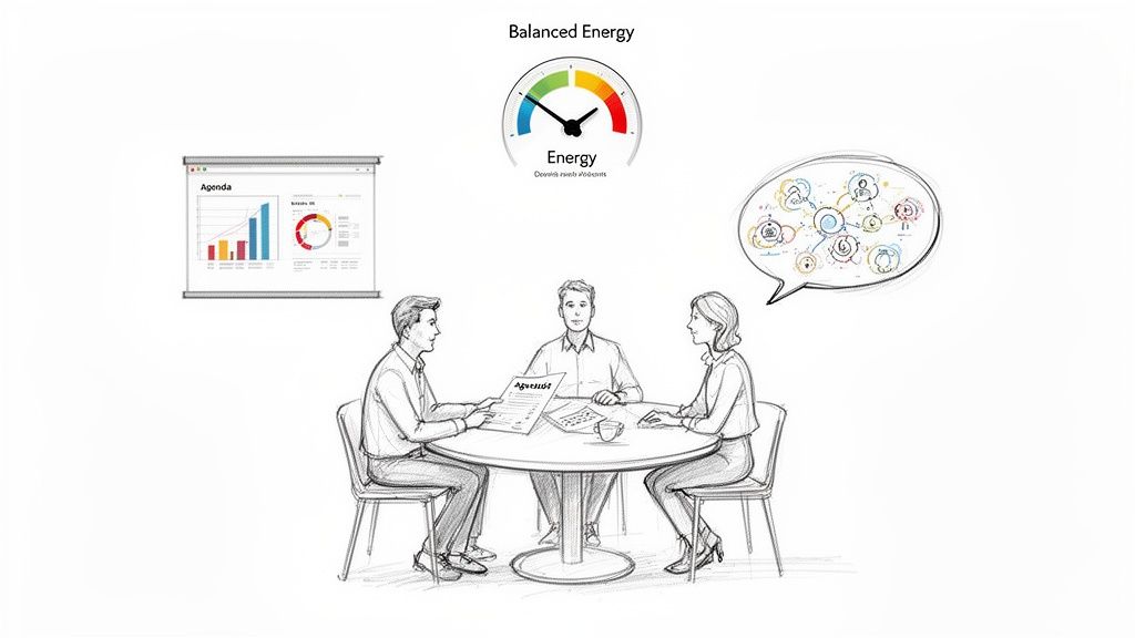 Illustration of colleagues in a business meeting with charts and an energy meter.