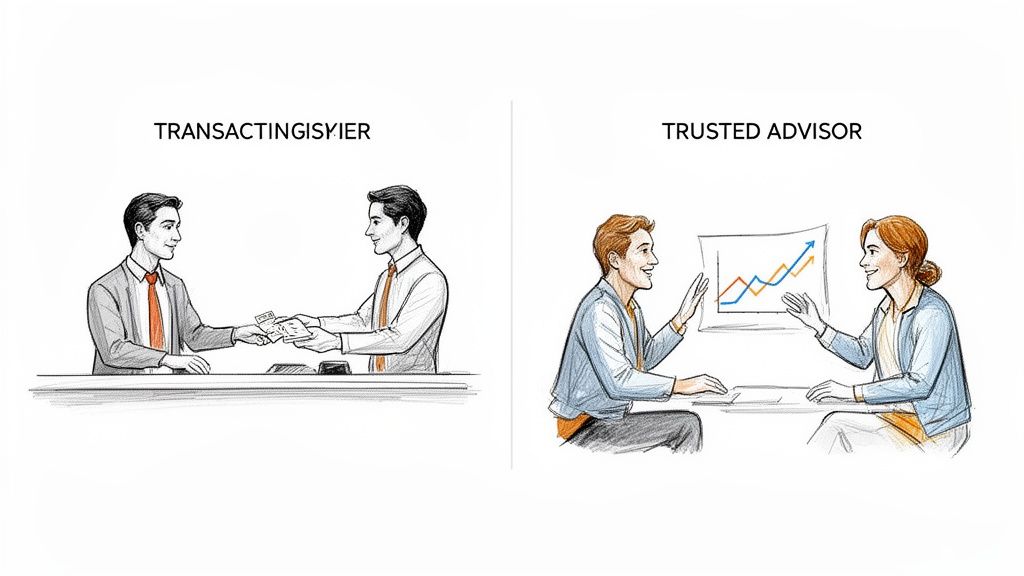 A visual comparison of transactional versus advisory business models.