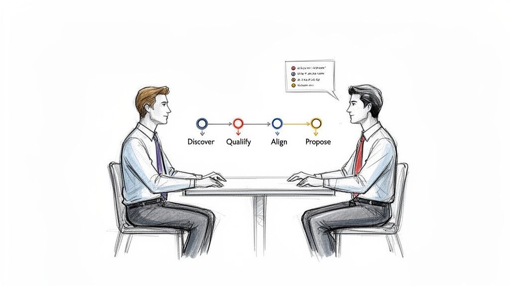 Two people discussing a four-step business process flowchart.