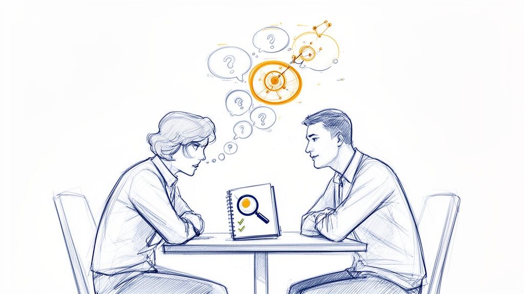 Sketch of two professionals discussing strategies, with thought bubbles indicating questions and a target.