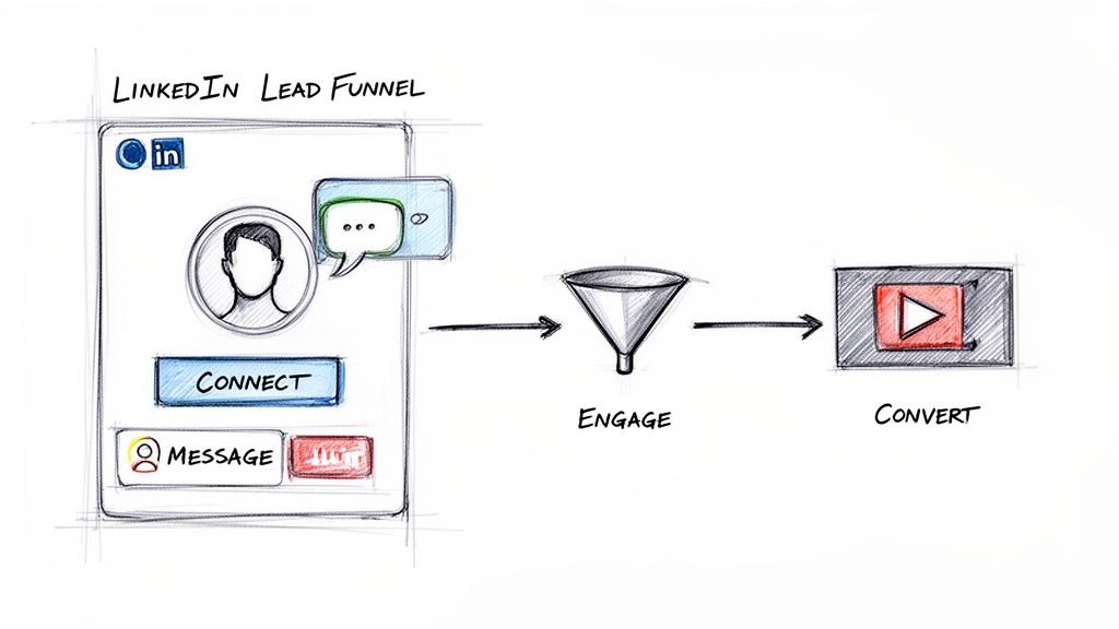 Diagram showing a LinkedIn lead funnel with connect, engage, and convert stages.