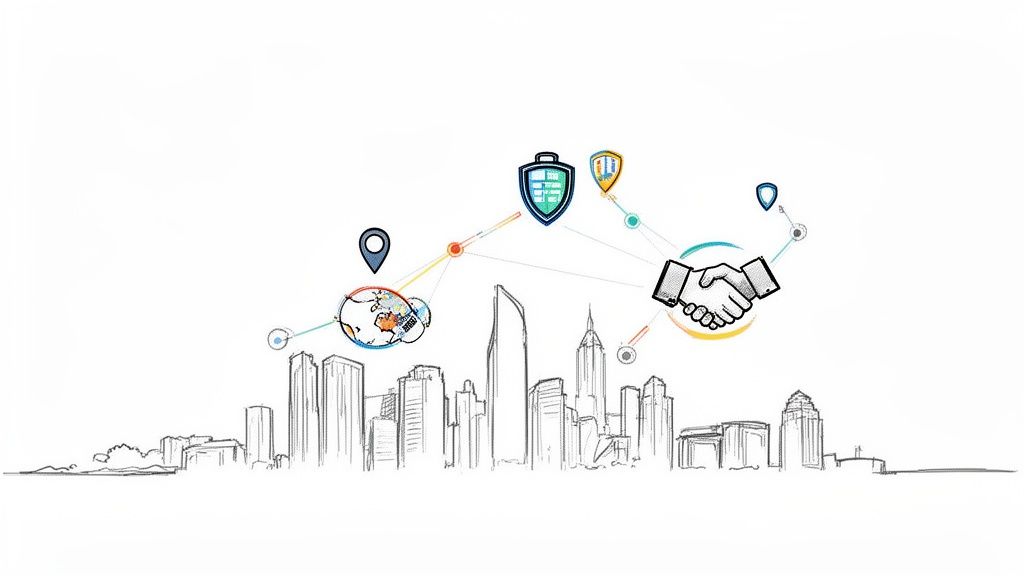 Sketch of a city skyline with global connections, security shields, and a partnership handshake.
