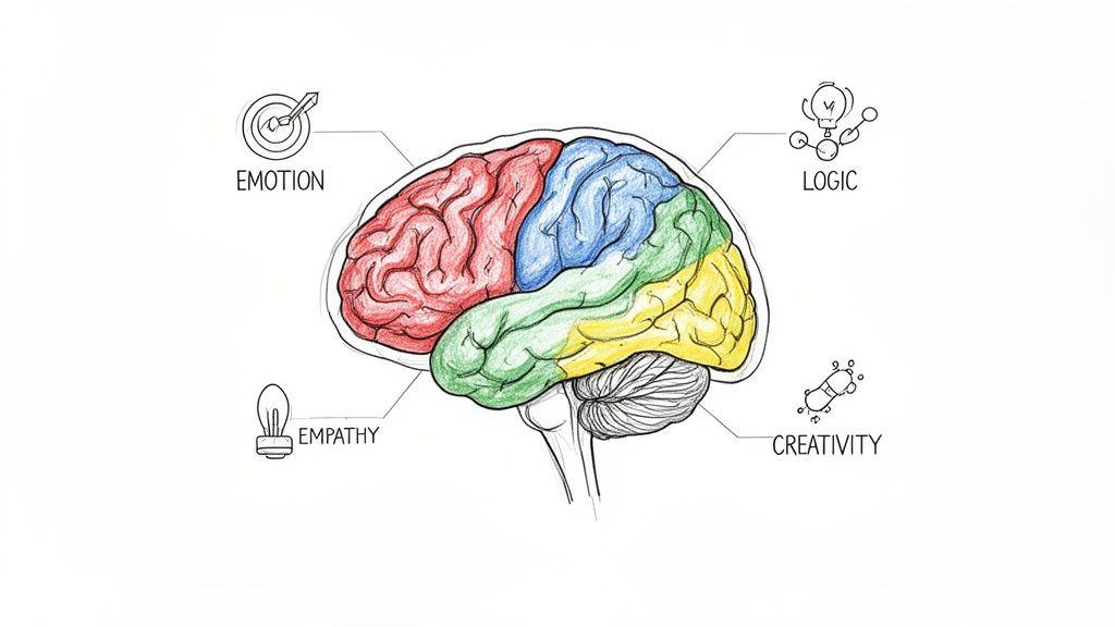 Colorful brain diagram showing different personality traits.