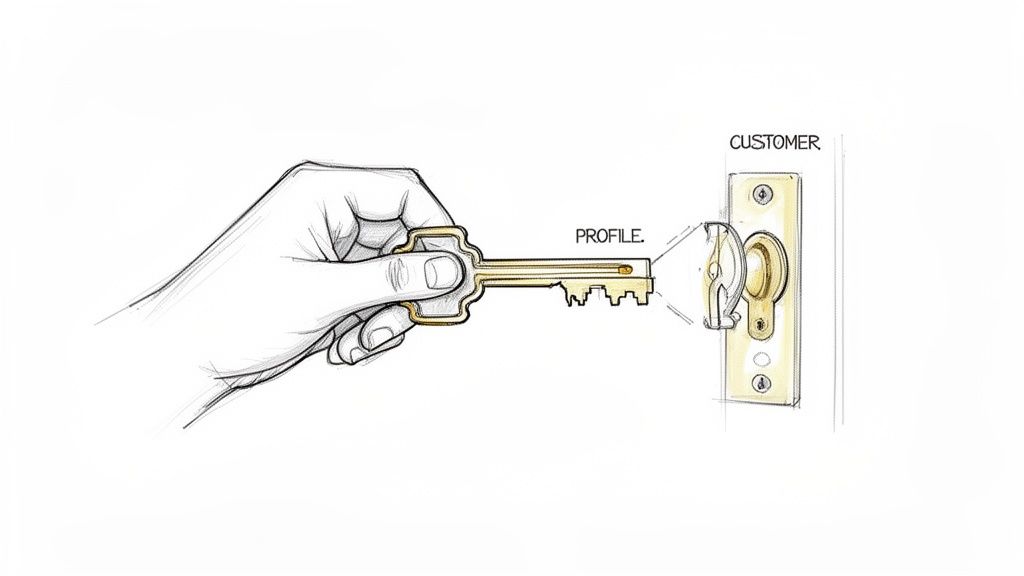 A hand holds a gold key labeled 'PROFILE' aligning with a lock labeled 'CUSTOMER'.