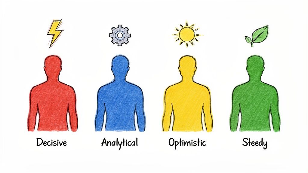Four personality types: Decisive (red), Analytical (blue), Optimistic (yellow), Steady (green).