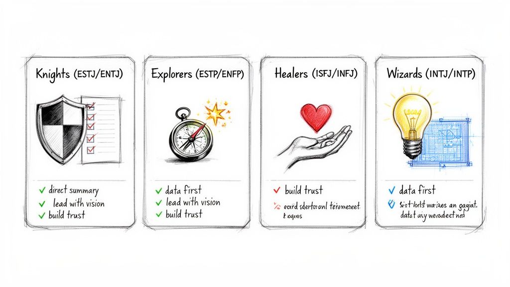 Four cards illustrating personality types: Knights, Explorers, Healers, Wizards with MBTI and key traits.