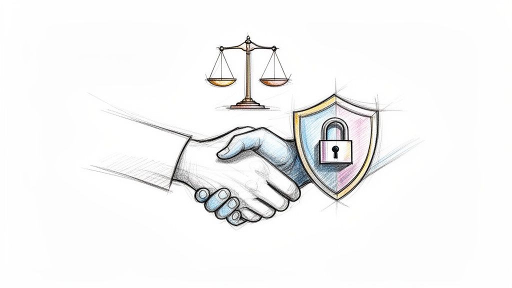 Sketch symbolizing security: handshake, shield with padlock, and scales of justice.