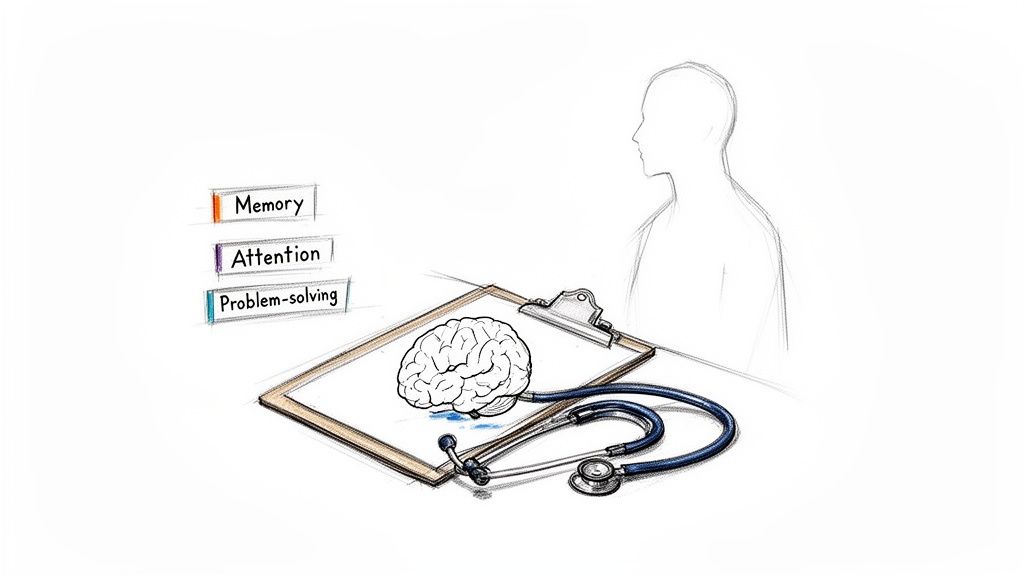 Drawing of a brain, stethoscope, and person with labels: Memory, Attention, Problem-solving, for cognitive assessment.