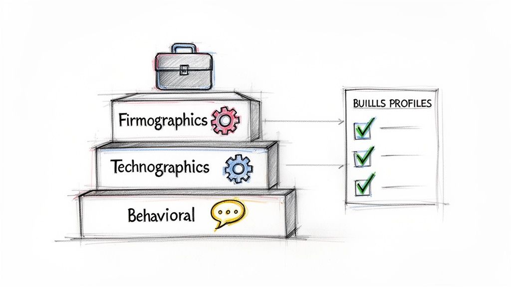 Diagram showing layers of data—firmographics, technographics, and behavioral—that create a customer profile.