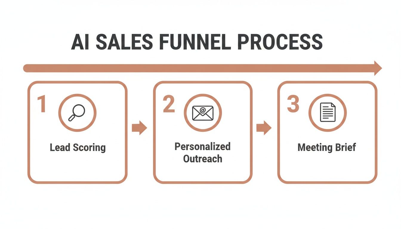 A diagram showing the AI sales funnel process with key steps: Lead Scoring, Personalized Outreach, and Meeting Brief.