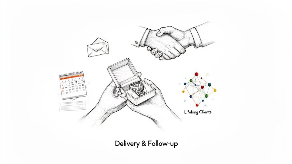 An illustration showing the process of building lifelong clients, with icons for delivery, follow-up, and networking.