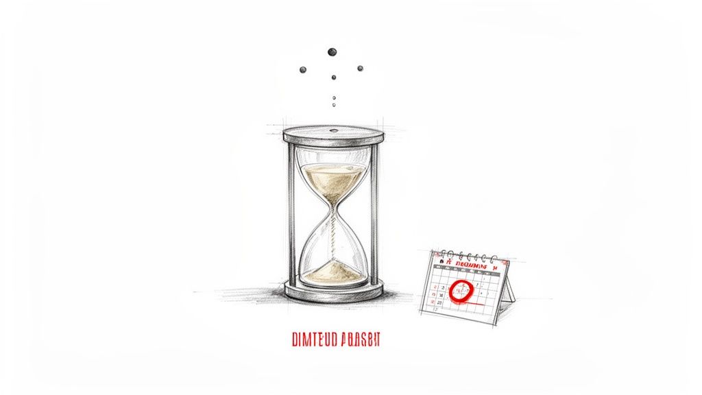 Hourglass and calendar showing a deadline for a sale.