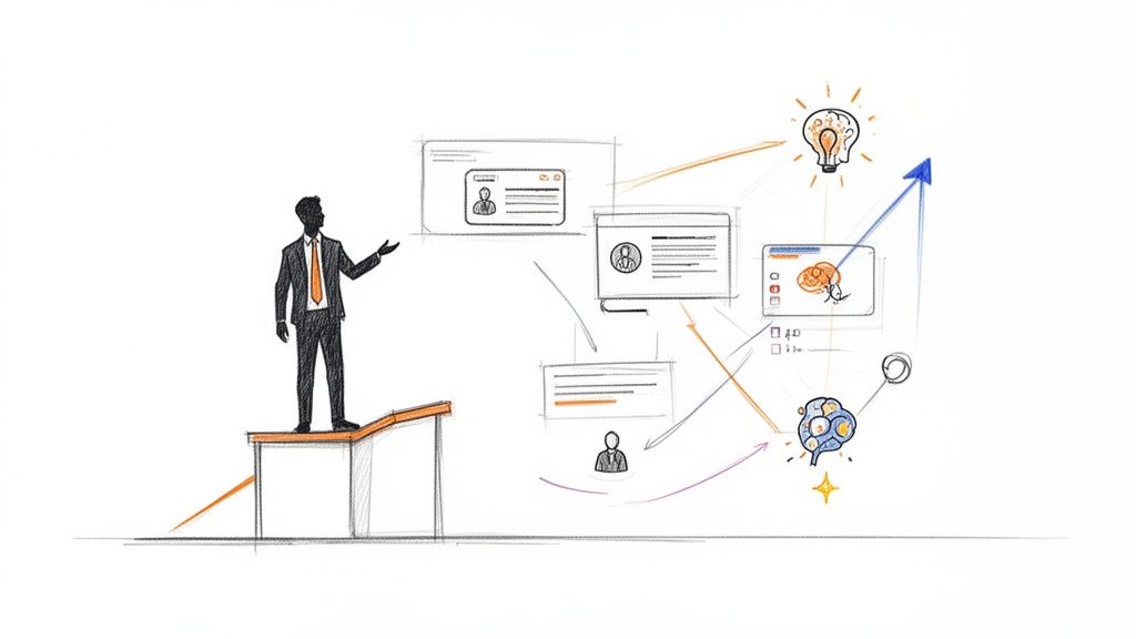 A sketch of a businessman presenting a network of ideas and data.