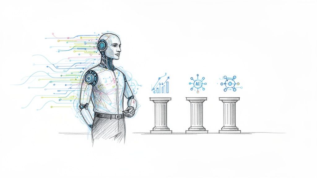 A sketch of a robot with circuits flowing, standing by pillars with icons for data, AI, and networking.