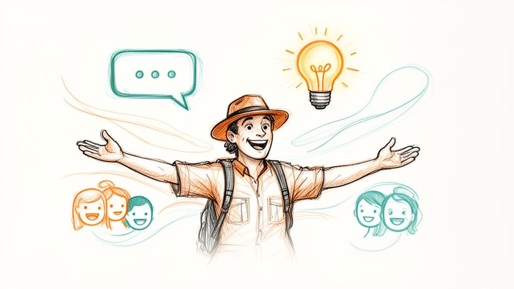 Cartoon man with hat and backpack, surrounded by a speech bubble, lightbulb, and diverse smiling people.