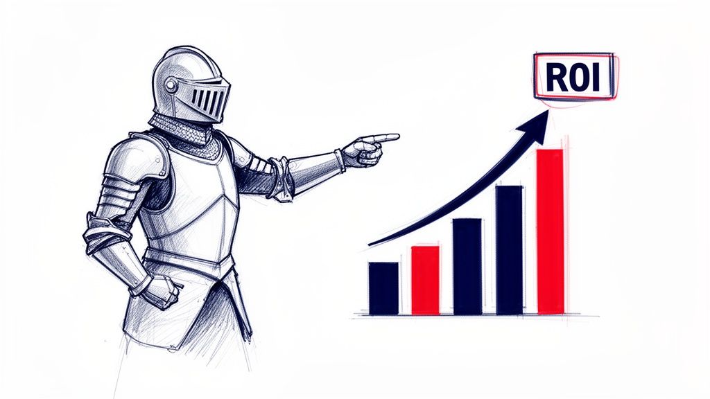 A knight in armor points to a rising bar chart with 'ROI' indicating increasing returns.