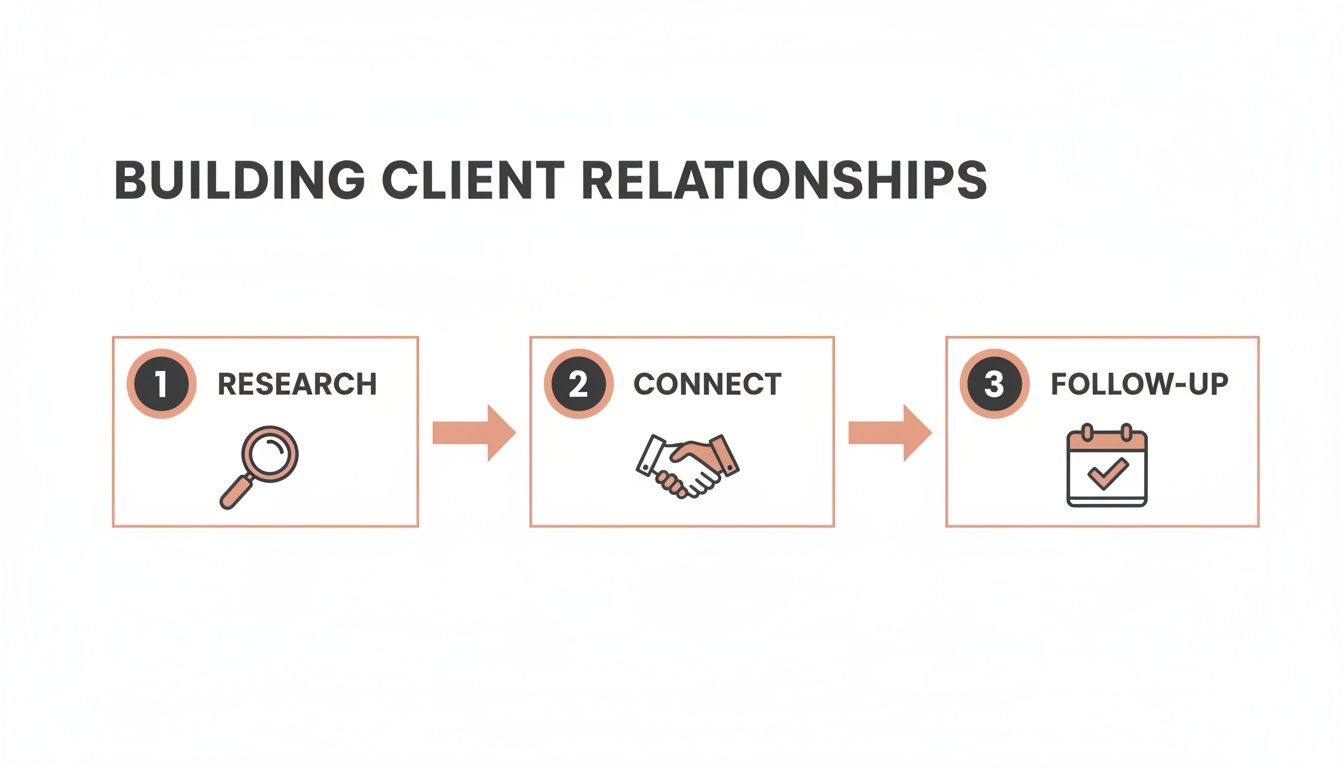 A three-step process for client relationships: Research, Connect, Follow-up.