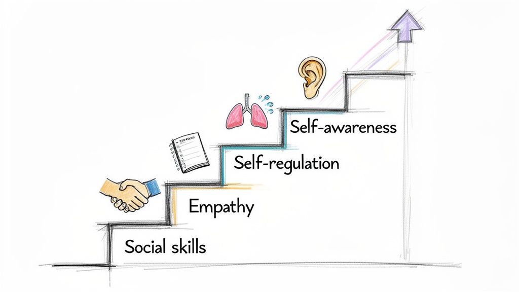 An image of a staircase showing the steps to building emotional intelligence, starting with self-awareness.