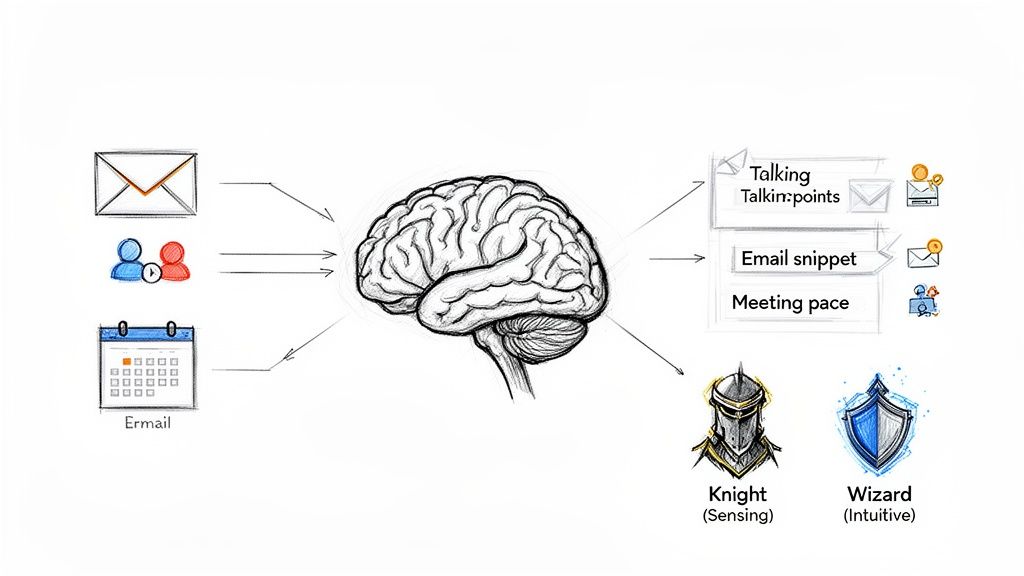 Diagram showing a brain processing email, meeting, and calendar data to produce insights, sensing, and intuitive outcomes.