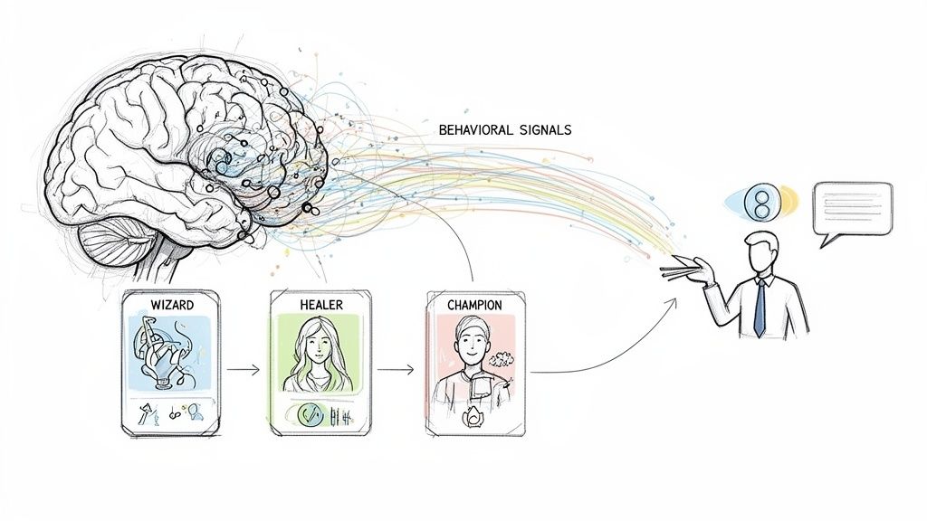 Diagram showing brain activity, behavioral signals, and user classification.
