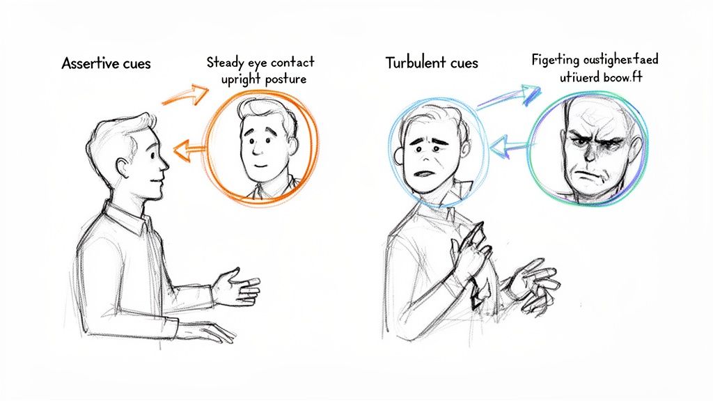 A comparison of assertive vs. turbulent body language.